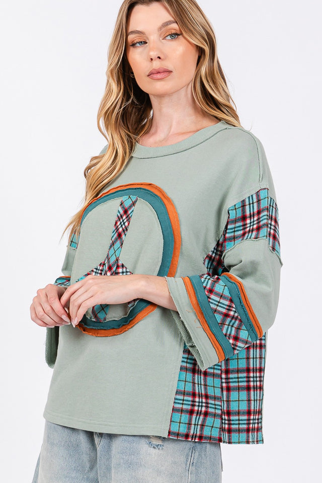 SAGE + FIG Peace Applique Patch Contrast Plaid Top Trendsi Hanalas