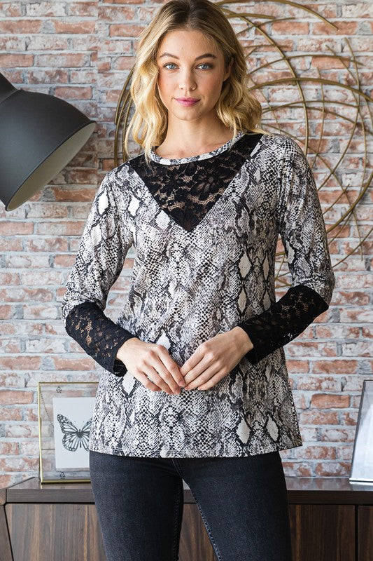 Heimish Full Size Snakeskin Print Round Neck Lace Contrast Top | Hanalas