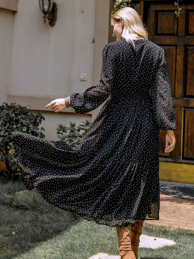 Embroidered Polka Dot Tie Neck Long Sleeve Midi Dress Trendsi Hanalas