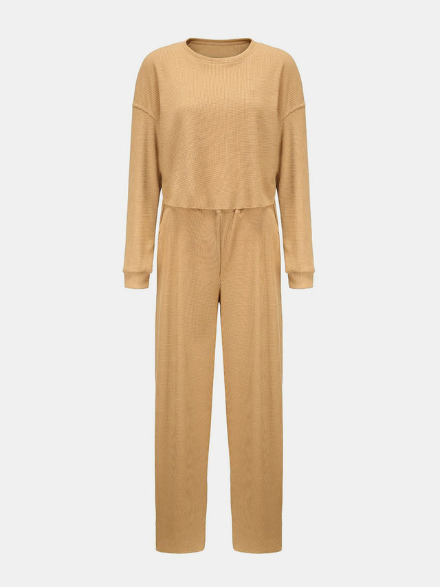 Waffle-Knit Round Neck Top and Pants Set | Hanalas