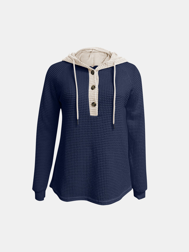 Full Size Waffle-Knit Contrast Long Sleeve Hoodie | Hanalas