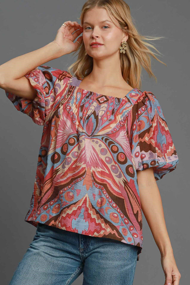 Umgee Full Size Abstract Print Smocked Square Neck Puff Sleeve Blouse | Hanalas