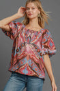 Umgee Full Size Abstract Print Smocked Square Neck Puff Sleeve Blouse | Hanalas