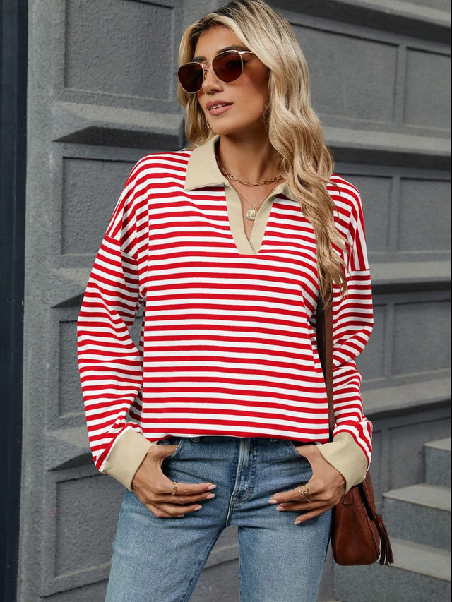 Striped Johnny Collar Long Sleeve Sweatshirt | Hanalas