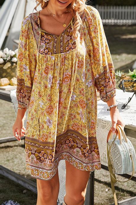Devine Printed Tie Neck Mini Dress | Hanalas