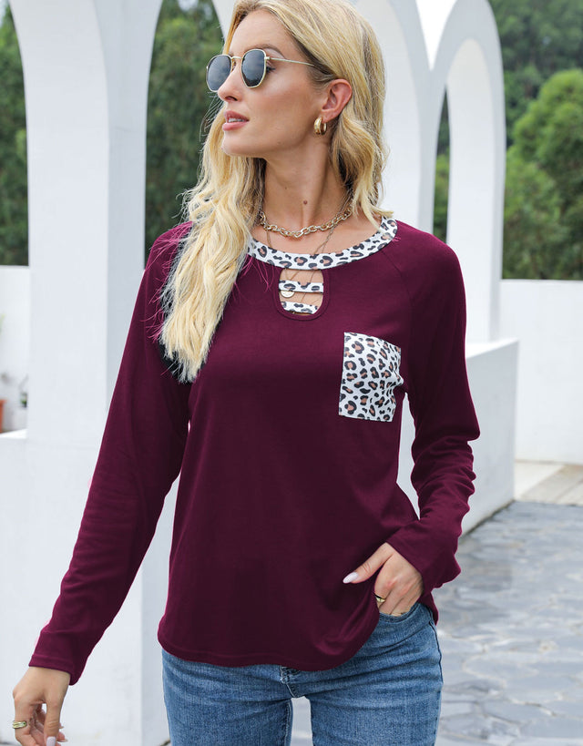 Cutout Leopard Round Neck Long Sleeve T-Shirt | Hanalas