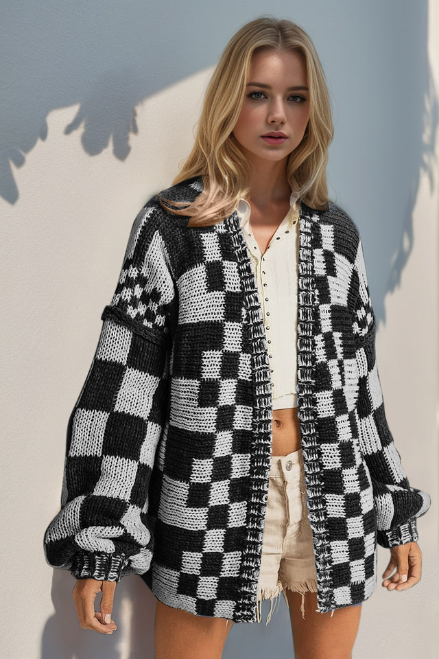 Double Take Full Size Open Front Checkered Drop Shoulder Cardigan Trendsi Hanalas