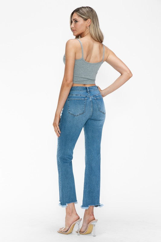 bytos Raw Hem Distressed Mid Rise Crop Jeans | Hanalas