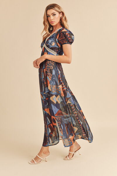 Aemi + Co Lace Detail Slit Geometric Print Short Sleeve Maxi Dress | Hanalas