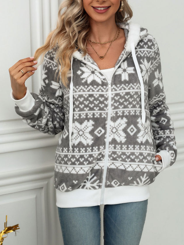 Drawstring Snowflake Zip Up Hooded Outerwear Trendsi Hanalas