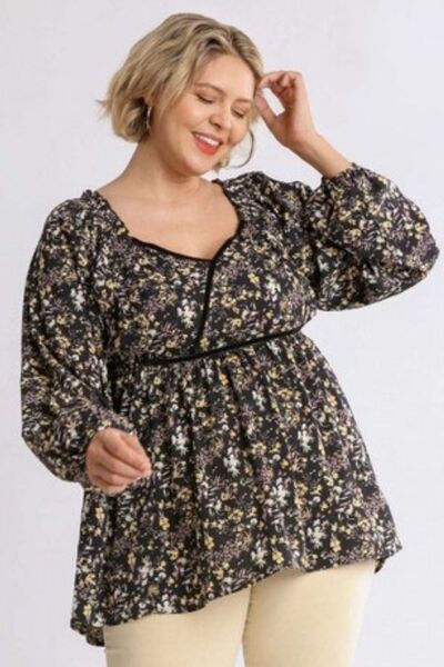 Umgee Full Size Floral Print Velvet Trimmed Balloon Sleeve Top Plus Size | Hanalas