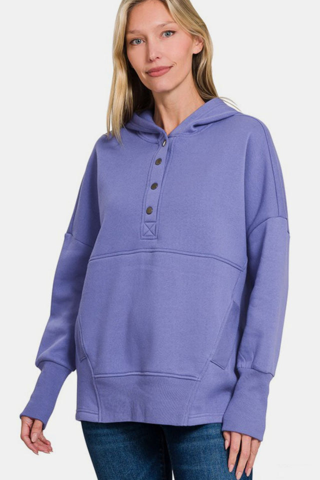 Zenana Half Snap Long Sleeve Hoodie with Kangaroo Pocket | Hanalas