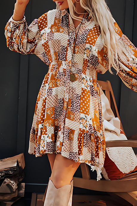 Printed Collared Neck Three-Quarter Sleeve Mini Shirt Dress Trendsi Hanalas