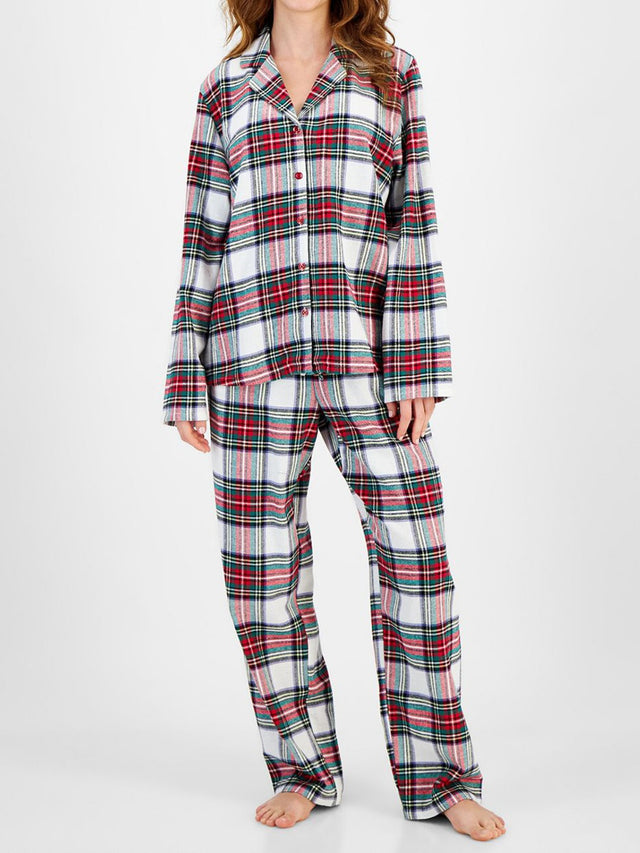 Plaid Collared Neck Button Up Top and Pants Lounge Set | Hanalas