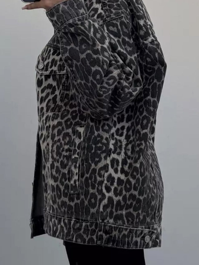 Leopard Button Up Long Sleeve Denim Top