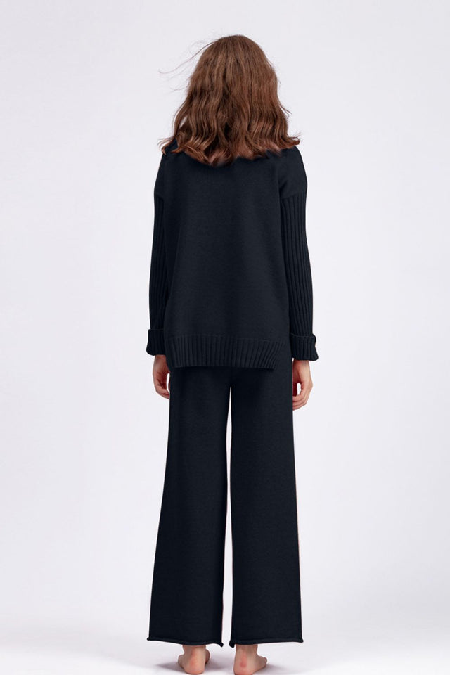 Basic Bae High- Low Turtleneck Long Sleeve Top and Pants Sweater Set Trendsi Hanalas