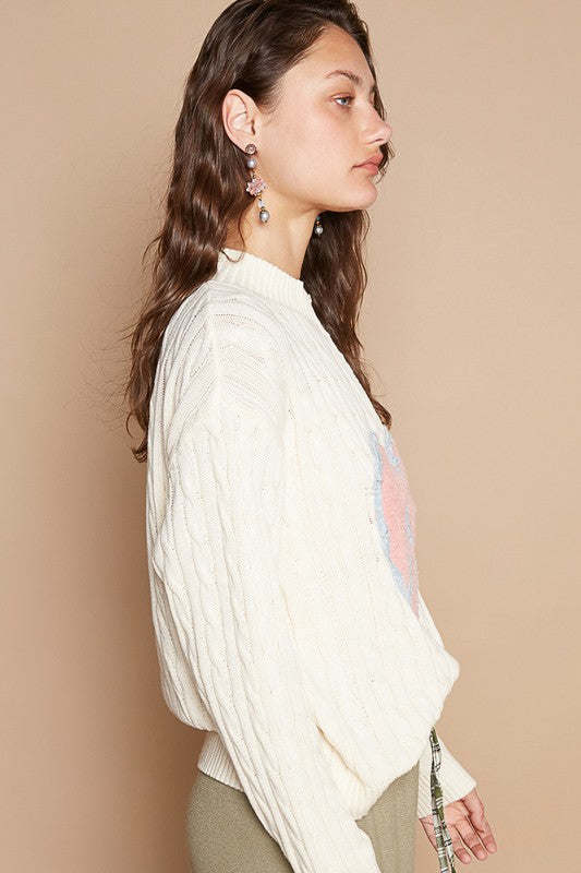 POL Cable-Knit Peace Patch Dropped Shoulder Sweater | Hanalas