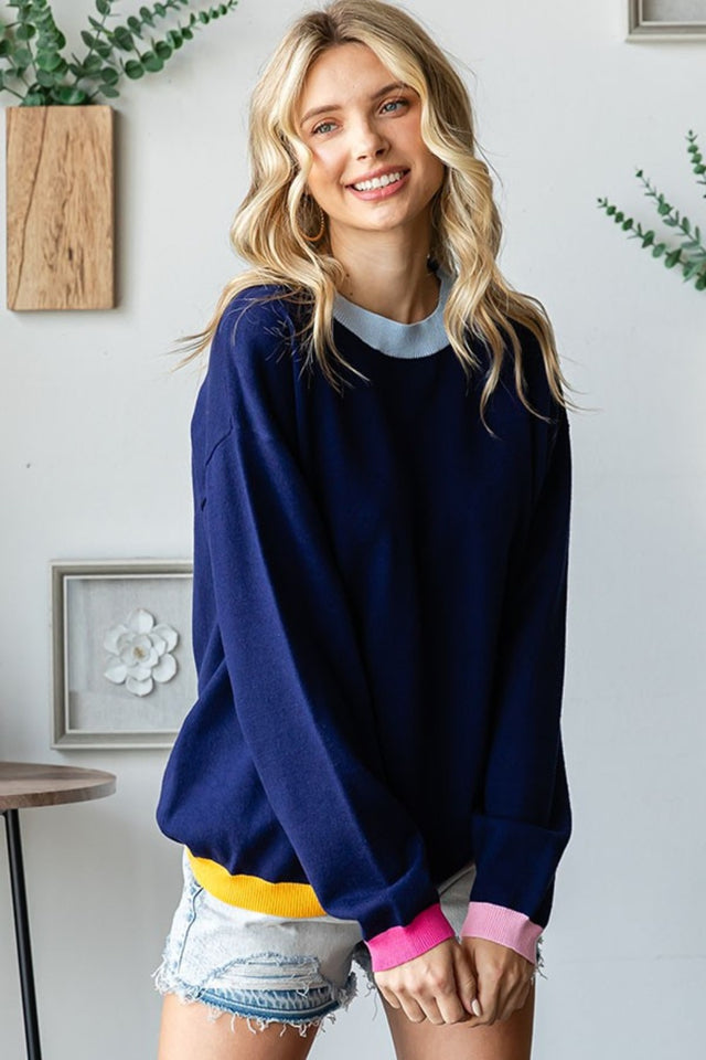 First Love Contrast Ribbed Round Neck Long Sleeve Sweater | Hanalas