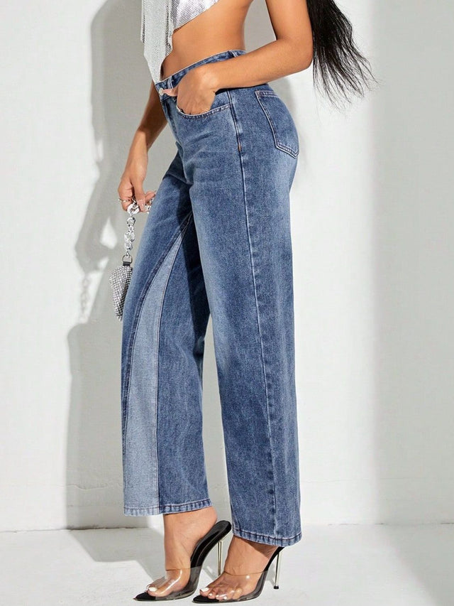 Contrast Patchwork Straight Jeans with Pockets Trendsi Hanalas