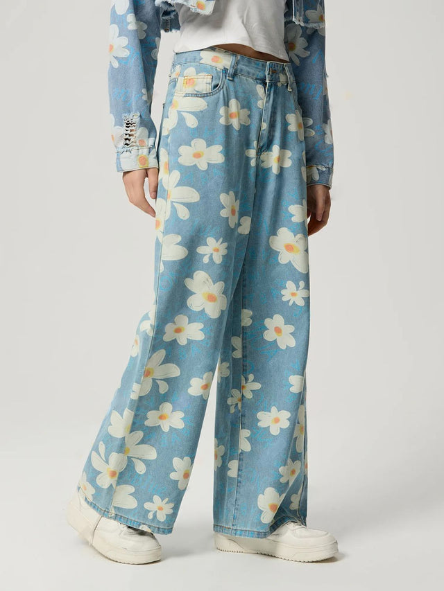 Pocketed Floral Wide Leg Jeans | Hanalas