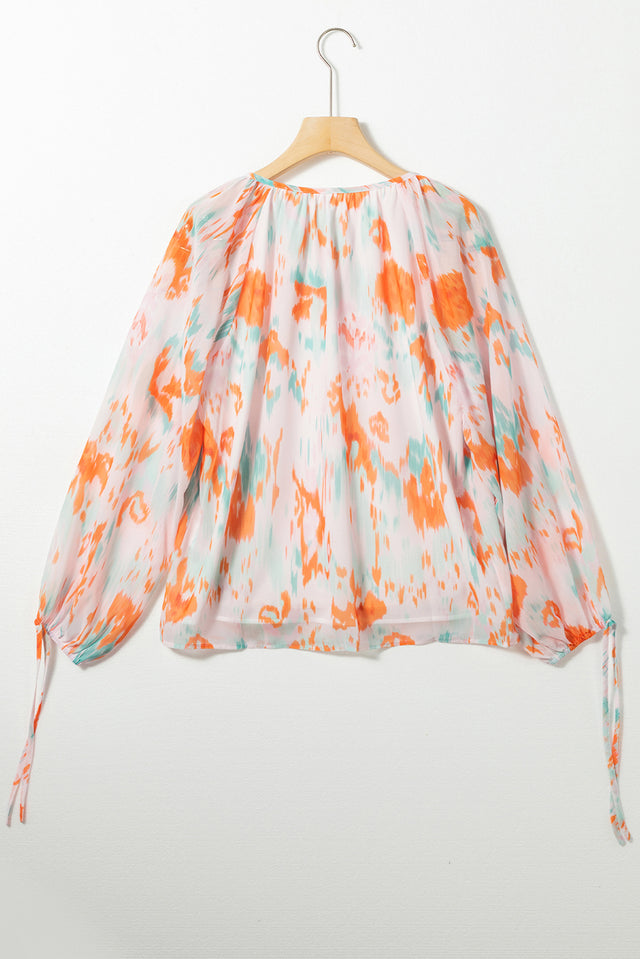 Printed Tie Neck Long Sleeve Blouse | Hanalas