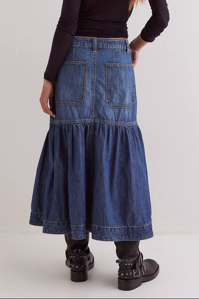 Midi Denim Skirt with Pockets | Hanalas