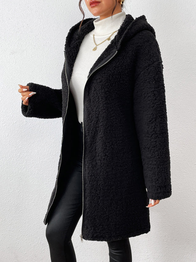 Zip Up Long Sleeve Sherpa Hooded Coat | Hanalas