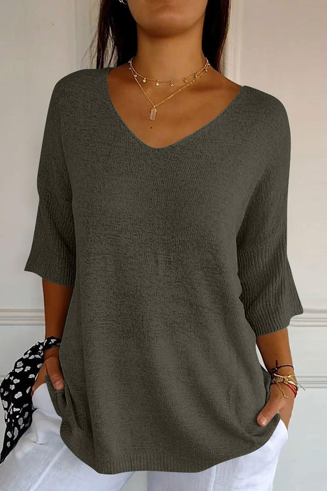 V-Neck Three-Quarter Sleeve Knit Top | Hanalas