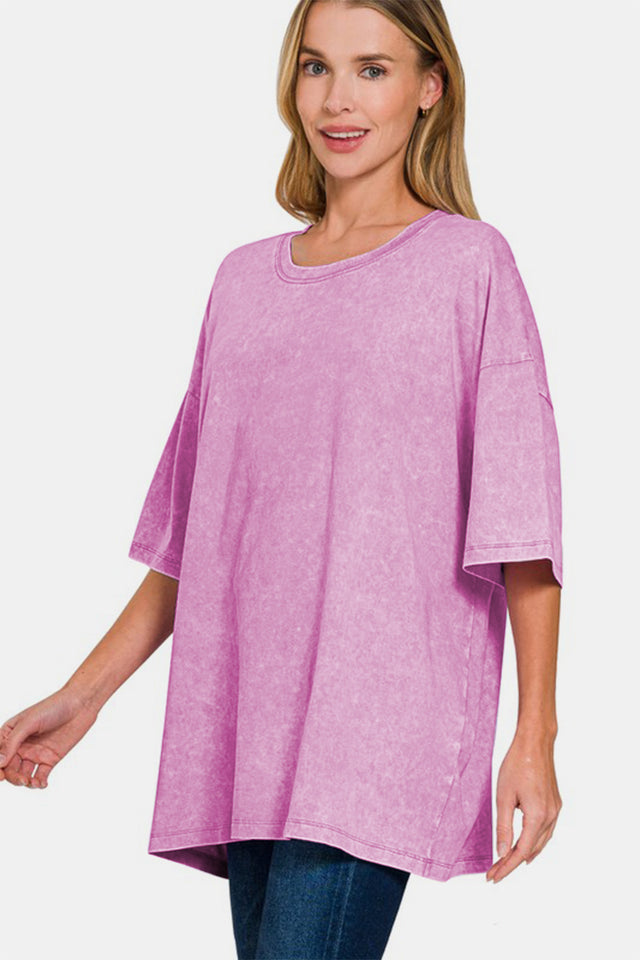 Zenana Full Size Washed Round Neck Drop Shoulder Oversized T-Shirt | Hanalas