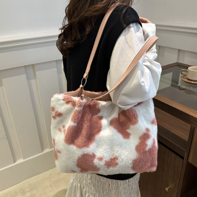 Cow Print Furry Tote Bag Trendsi Hanalas