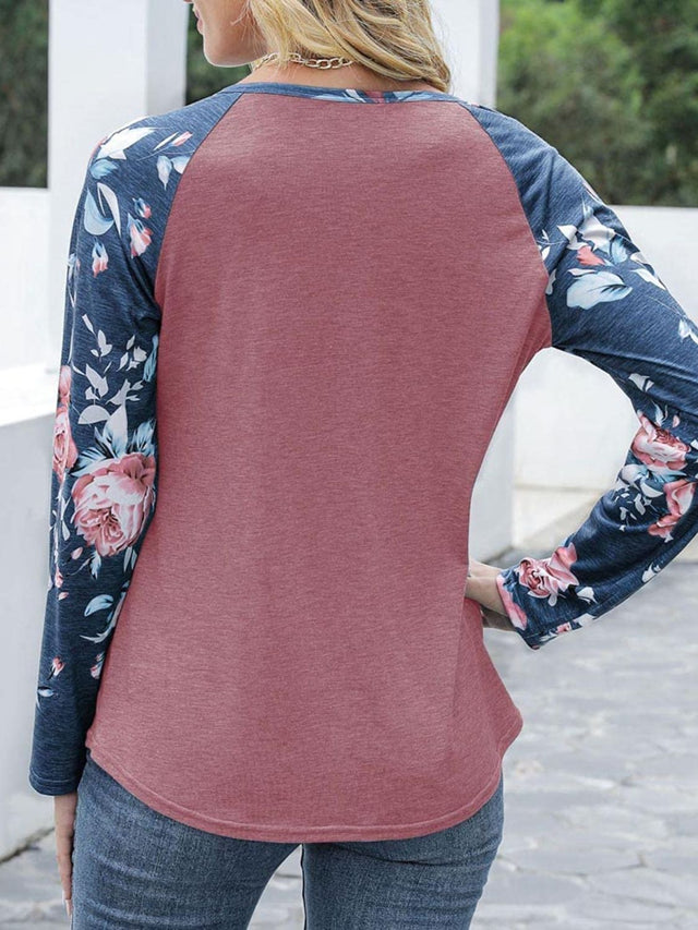 V-Neck Floral Long Sleeve T-Shirt | Hanalas