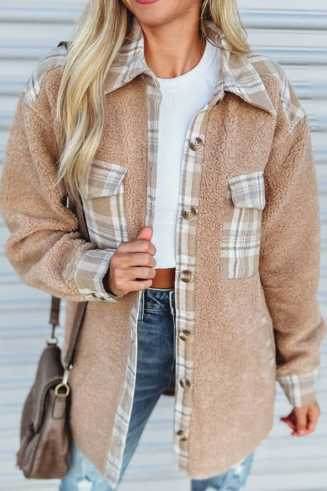 Pocketed Plaid Collared Neck Sherpa Jacket | Hanalas