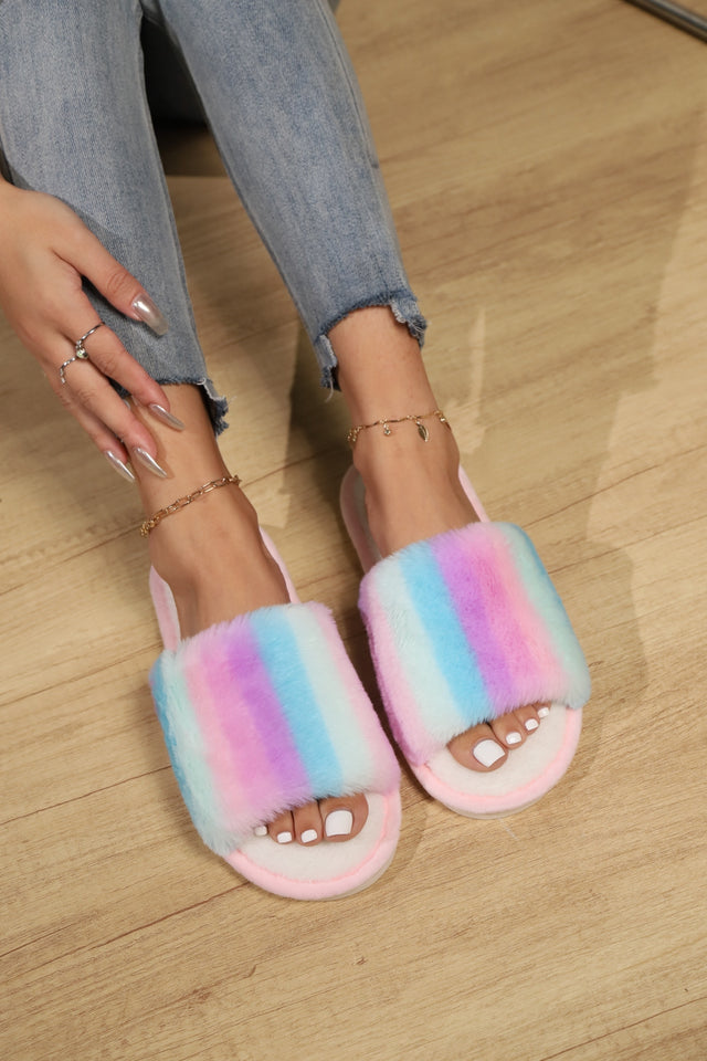 Color Block Open Toe Faux Fur PVC Slippers | Hanalas