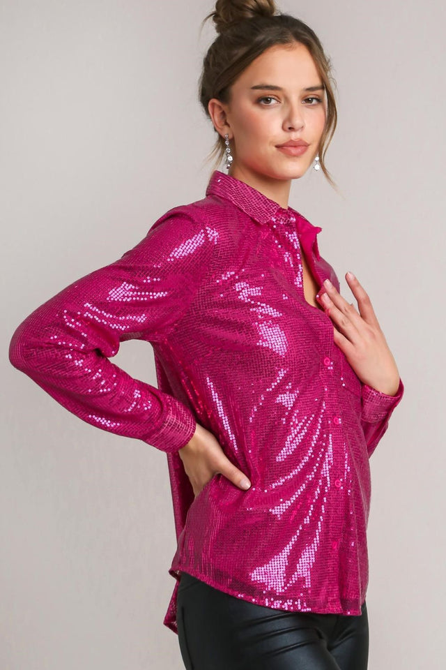 Umgee Sequin Long Sleeve Shirt with Side Chest Pocket | Hanalas