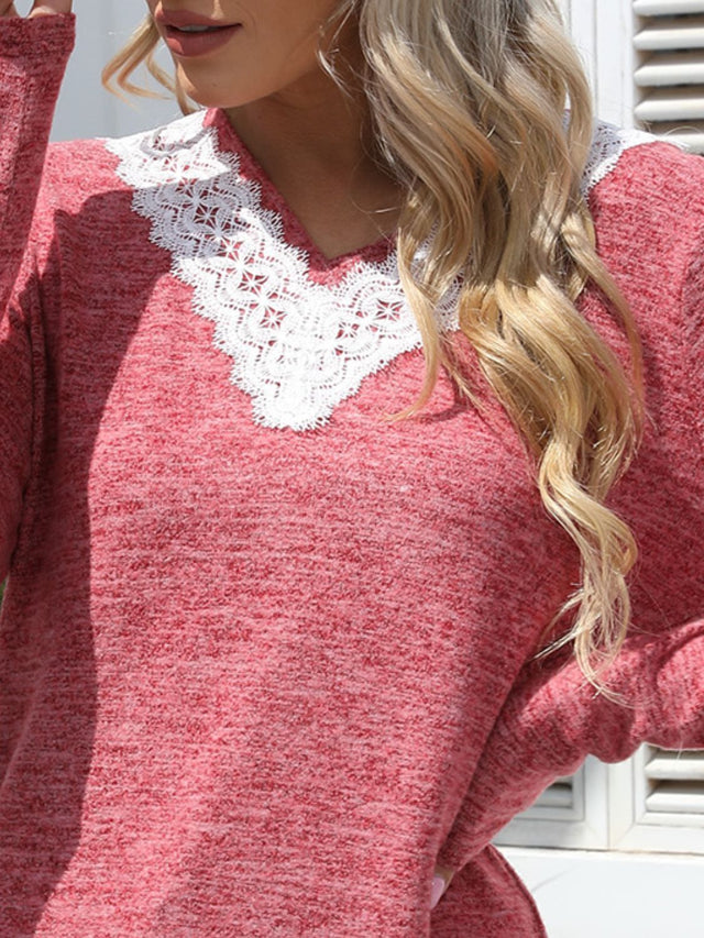 Lace Detail V-Neck Long Sleeve T-Shirt | Hanalas