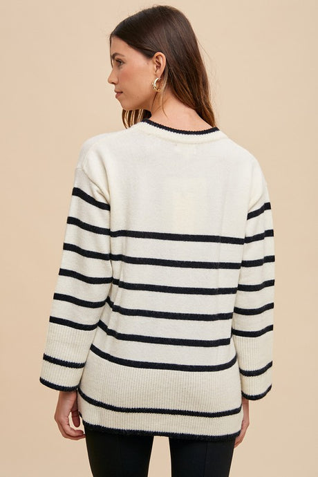 Annie Wear Side Slit Striped Round Neck Sweater | Hanalas