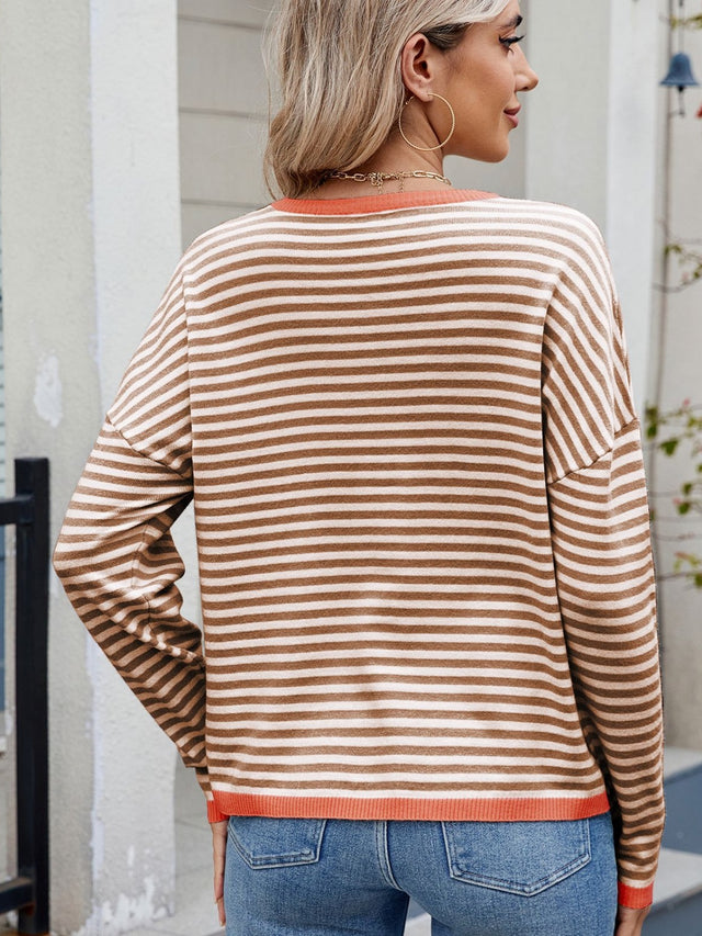 Striped Contrast Round Neck Long Sleeve Sweater | Hanalas