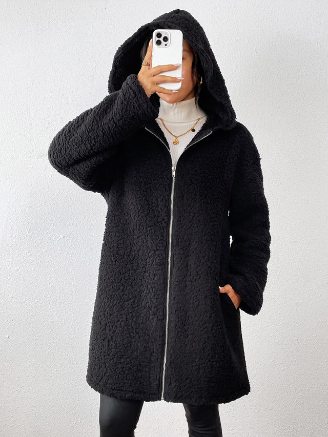 Zip Up Long Sleeve Sherpa Hooded Coat | Hanalas