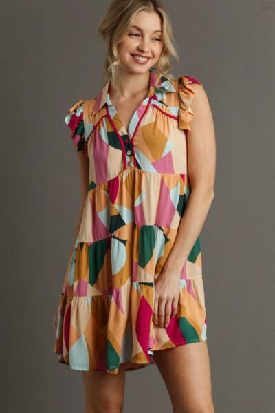 Umgee Full Size Button Detail Ruffle Sleeve Mini Dress Plus Size | Hanalas