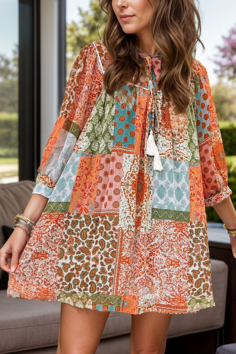 Tassel Printed Three-Quarter Sleeve Mini Dress Trendsi Hanalas