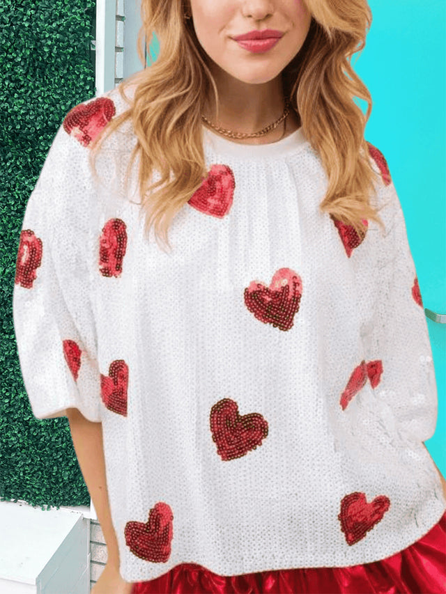 Valentine’s Day Sequin Heart Round Neck Half Sleeve Top | Hanalas