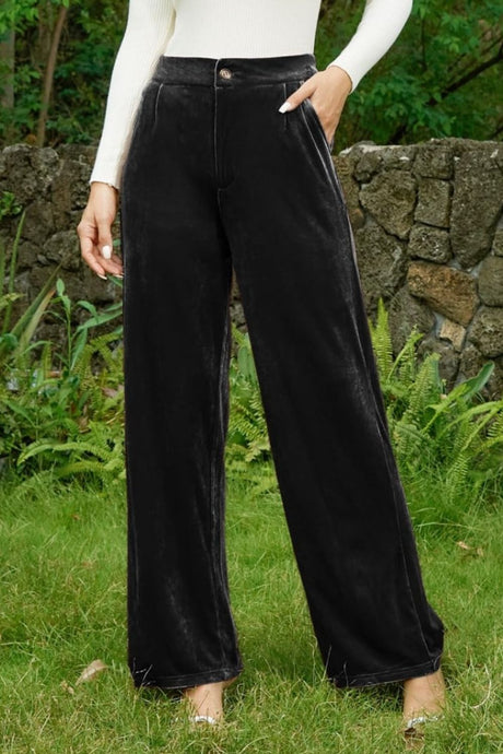 Velvet Wide Leg Pants with Pockets | Hanalas