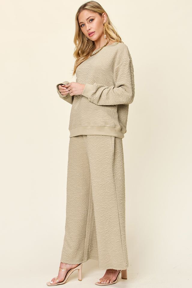 Double Take Full Size Texture Long Sleeve Top and Pants Set | Hanalas