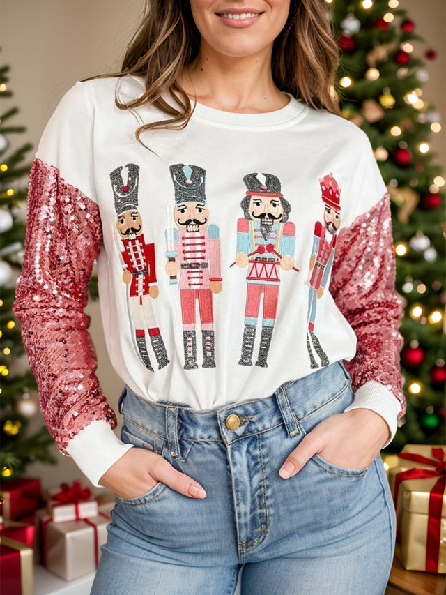 Sequin Nutcracker Round Neck Long Sleeve Sweatshirt | Hanalas