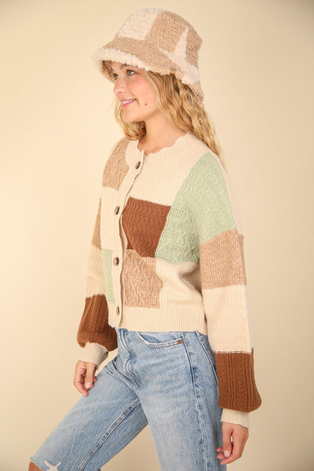 VERY J Color Block Button Down Textured Sweater Cardigan | Hanalas