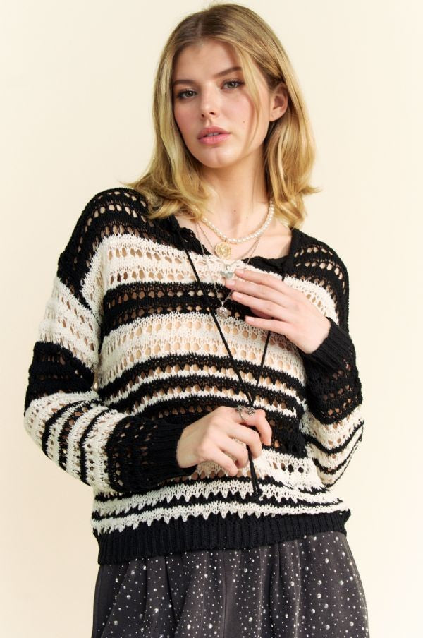 Davi & Dani Contrast Striped Crochet Drop Shoulder Knit Cover Up | Hanalas