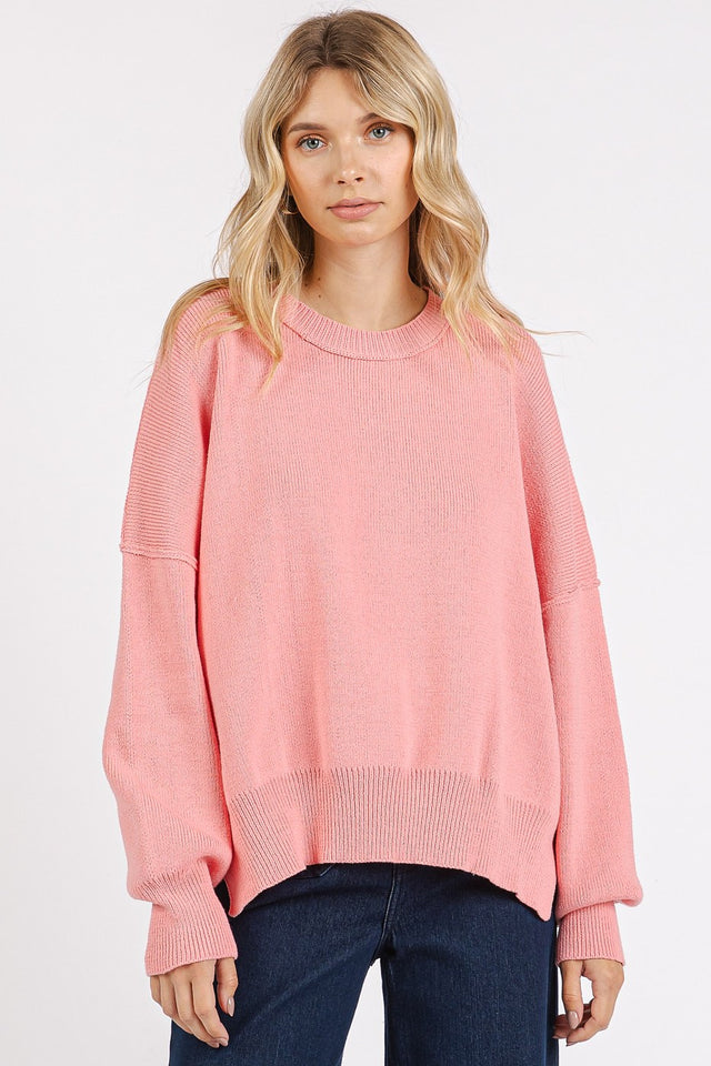 Mittoshop Side Slit Round Neck Drop Shoulder Sweater | Hanalas