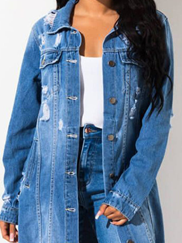 Long Sleeve Raw Hem Denim Jacket | Hanalas