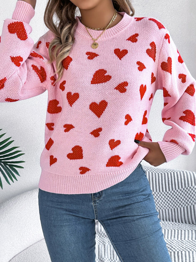 Heart Round Neck Long Sleeve Sweater | Hanalas