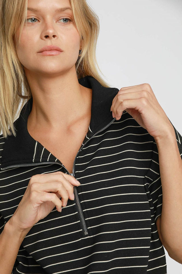 Umgee Striped Half Zip Short Sleeve Sweatshirt | Hanalas